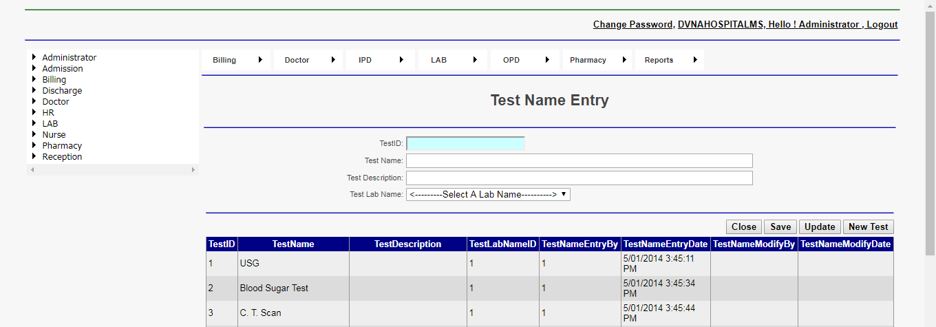 DVNA Hospital Management Software Test Name Entry